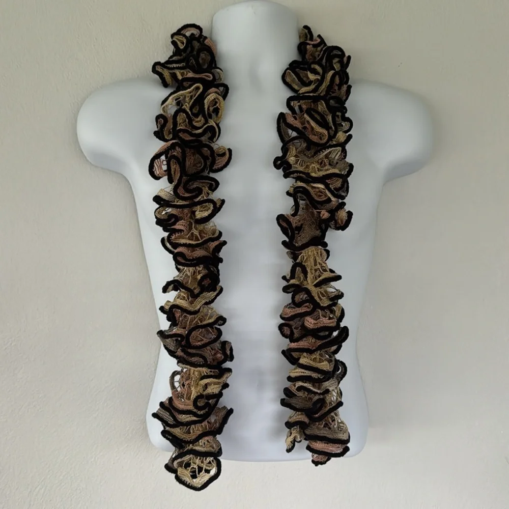 Handmade tan pink black woven crochet lace textured neck scarf one size